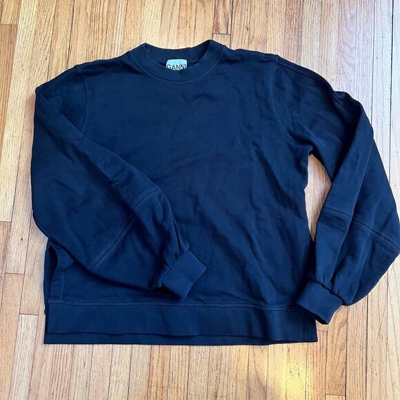 Ganni Sweatshirt Womens Medium Puff Sleeve Split Hem Black Crew Sweater - Picture 1 of 10